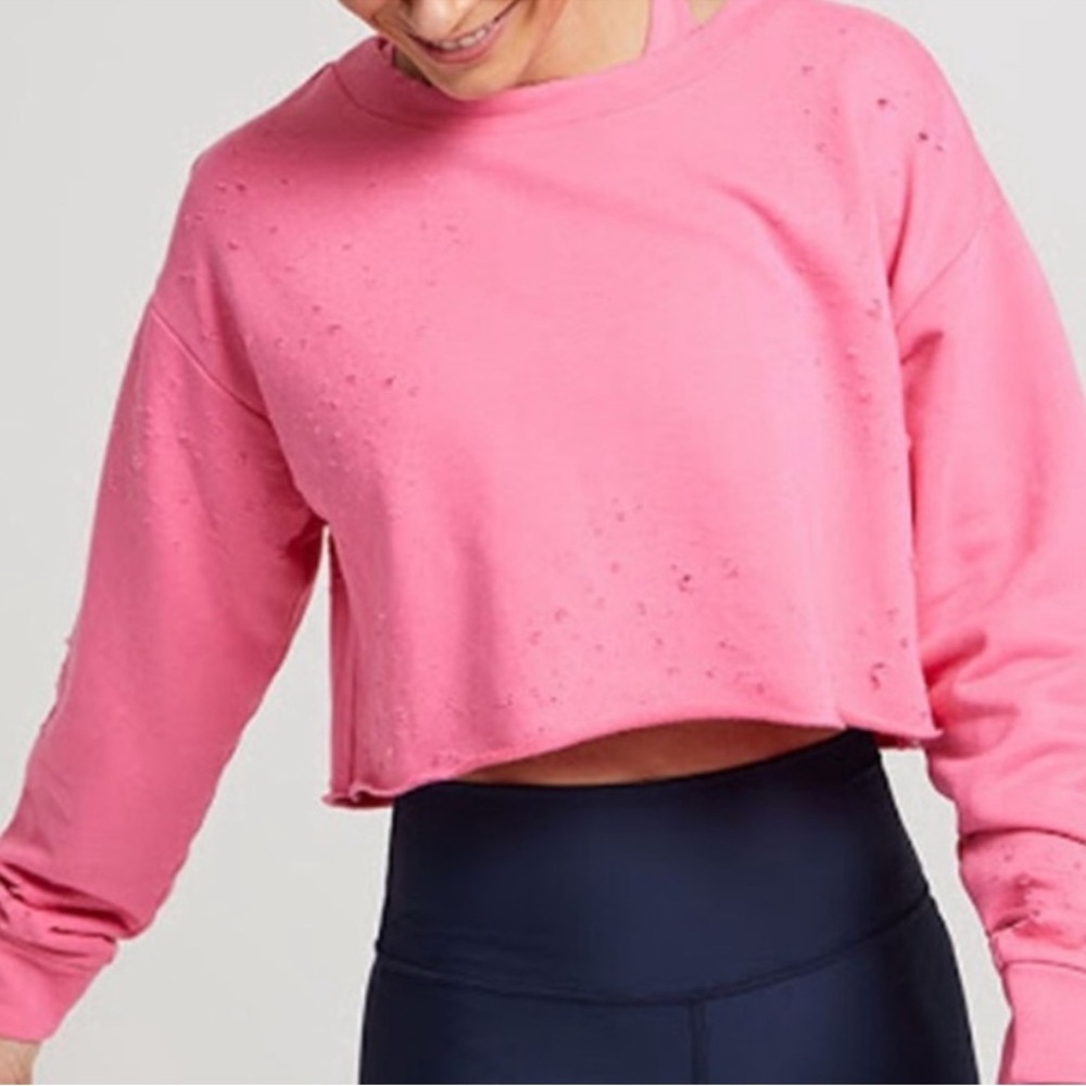 ALO Yoga Fierce Cropped Distressed Details Sweatshirt Pullover Pink Size S Women